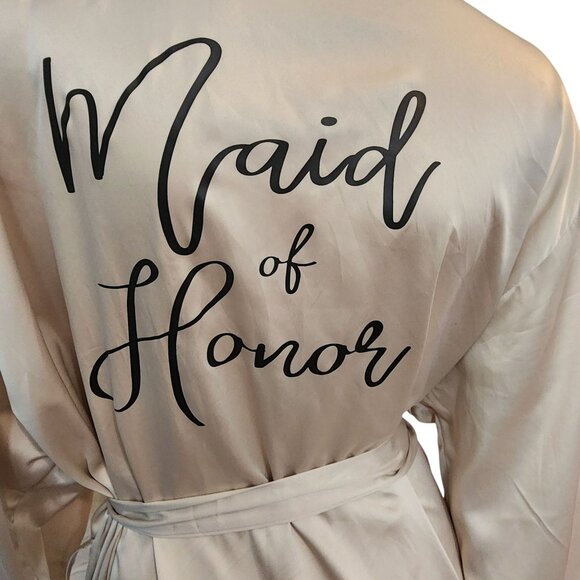 Maid of Honor Bridal Party Robe Silk Satin Lace Trim Spa Robe Plus Size 4XL Tan - Picture 5 of 10